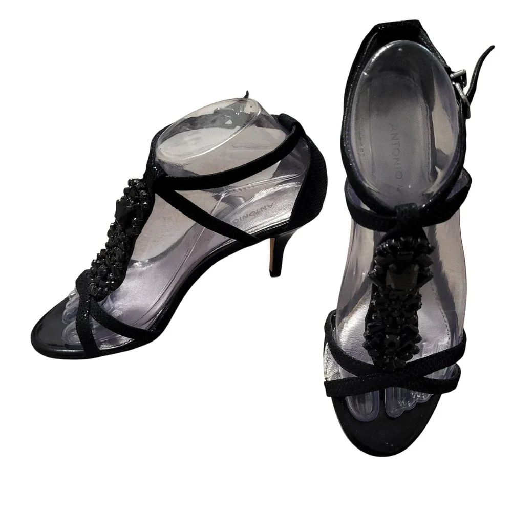 Antonio Melani Black Jeweled T-Strap Kitten Heel Sandals Women 6.5 Formal Party